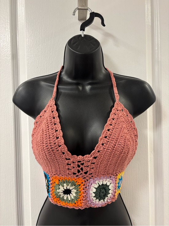 Tops - Boho Festival Crochet Granny Square Floral Cropped Halter Top Dusty Rose M